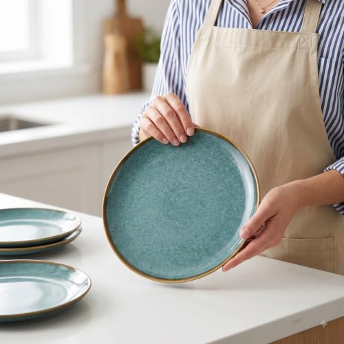 Image of Freakway Handcrafted Quarter Plates Teal Reactive Glaze, 7.2 Inch, Microwave & Dishwasher Safe, Set of 2