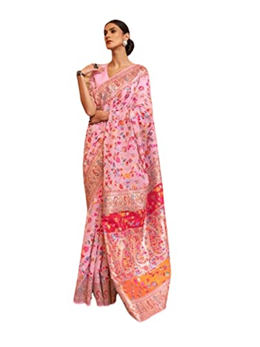 Sari indien Kashmiri en soie rose anti-plis pour soirée élégante