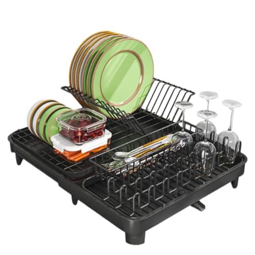 Dish Drainer Rack With Drip Tray, Sink Dish Drainer With Drainage Spout, Narrow Dish Rack For Kitchen Counter With Cutlery Holder, Dishes Holder Tray For Sink Countertop, Black