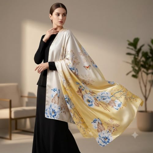 Image of Floral Printed Silk stole | silk Scarf for Women | stylish silk stole for women | Soft Lightweight Stole, Shawl & Neck Wrap | Scarf for Wedding, Party, Travel & Casual Wear