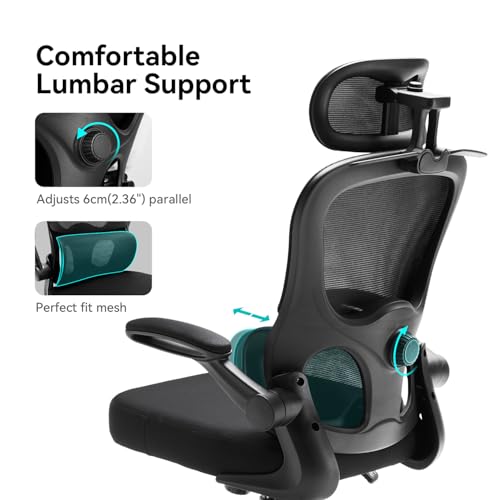 N56 Ergonomic Office Chair - Dual Backrest Design, Adjustable Lumbar Support, Thick Padded Seat, Flip-Up Armrests, Tilt Function - Ideal for Home Office, Gaming & Conference, Black - Image 4
