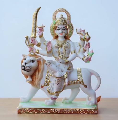 Image of Culture Marble Durga Maa Sitting On Lion Idol 15 Inch (White) (29.2L x 10.2W x 38.1H Centimeters)