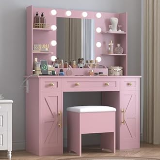 BORNOON Vanity Desk with Mirror & Lights, Makeup Vanity Table with Charging Station, 3 Lighting Modes, Large Storage Space with Drawers and Shelves, Elegant White Vanity Set for Bedroom Dressing Room