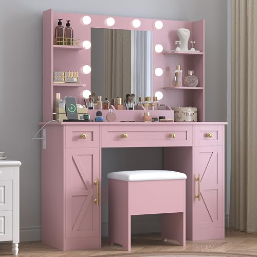 BORNOON Vanity Desk with Mirror & Lights, Makeup Vanity Table with Charging Station, 3 Lighting Modes, Large Storage Space with Drawers and Shelves, Elegant White Vanity Set for Bedroom Dressing Room