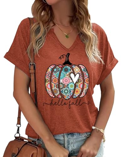 Women-Fall-Halloween-Doodles-V-Neck-Shirt-Funny-Family-Party-Celebration-Short-Sleeve-Tee-Pumpkin-Graphic-Thanksgiving-Tops
