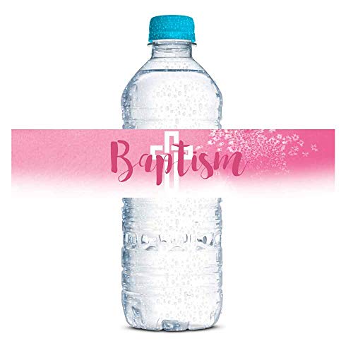 Pink Watercolor Baptism Religious Waterproof Water Bottle Sticker Wrappers for Girls, 20 1.75 x 8.5 Wrap Around Labels by AmandaCreation