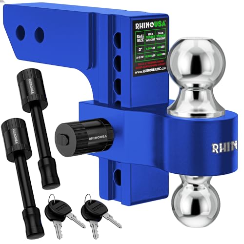 Image of Rhino USA Adjustable Trailer Hitch (Fits 2-Inch Receiver) - Heavy Duty Aluminum Tow Hitches with 6-Inch Drop /Rise for Truck (12,500 LBS GTW) - Weatherproof Double Anti-Theft Locking Hitch Pins (Blue)