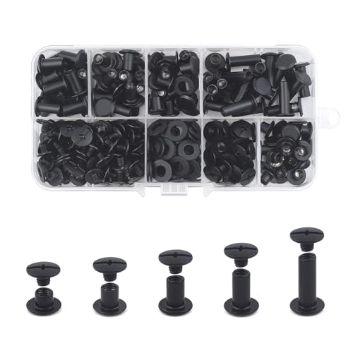 JINTANG 100 Sets Chicago Screws M5*4/6/8/10/15mm Chicago Book Binding Screws Rivets for Leather Metal Rivet Replacement Repair for DIY Book Scrapbook Bookbinding Bags,Collars(Matte/Dark Black)