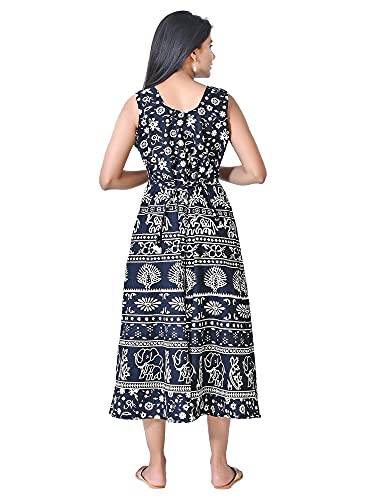 Image of Women's Cotton Printed Traditional Long Midi Maxi Kurti /One Piece Dress (Black Hathi,)