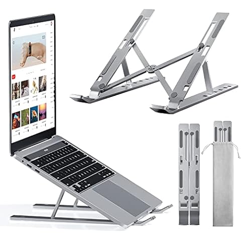 Rrtizan Laptop Stand, Foldable Laptop Holder, 6-Level Laptop Stand, Aluminium, Portable, Height-Adjustable Notebook Stand, Compatible with MacBook Pro Air, Lenovo, Dell, Laptops, Tablet, Silver Cover