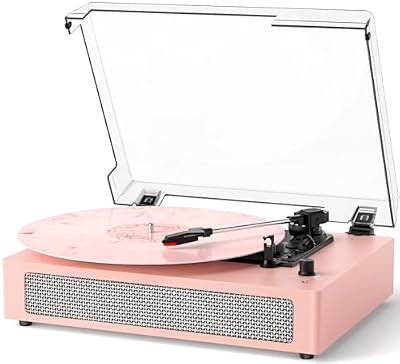 Vinyl Record Player Vintage 3-Speed Wireless Bluetooth Turntable with Belt-Drive, Built-in Stereo Speakers, RCA Output, AUX in, Auto Stop, Pink LP Player