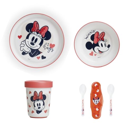 THERMOBABY - Coffret Repas Complet Minnie - Vaisselle Anti-Dérapante Compatible Micro-Ondes - Contient Bol, Assiette, Gobelet, Couverts - Parfait pour Les...