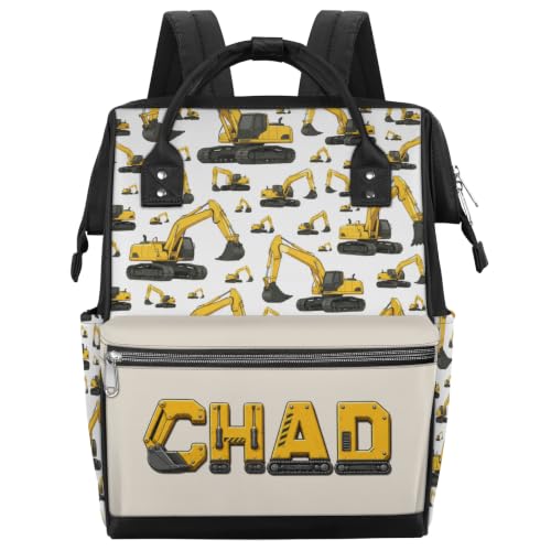 Image of Customized Diaper-Backpack Waterproof Nappy-Bag Baby-Gift Excavator Yellow | Monogram Baby Backpack for Traveling Stroller Organizer Mommy Bag for New Parents Mom Dad Personalized Baby Shower Gifts