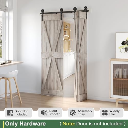 Roymelo 52" Bifold Sliding Barn Door Hardware Track Kit,Side Mounted Black Spoke Wheel Roller,Smoothly and Quietly,Assembly Easy,Fit Four 12" Bi-Folding Doors (Door Not Included) by ROYMELO - Used condition - Image 2