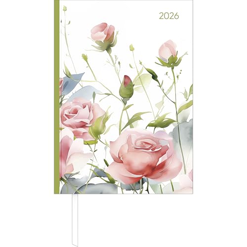 Alpha Edition - Calendario a libro Style Roses A5 2026 – Timer da ufficio e da ufficio A5 (circa 15 × 21 cm) 1 giorno/pagina con robusta copertina rigida, suddivisione in tempo e molte informazioni