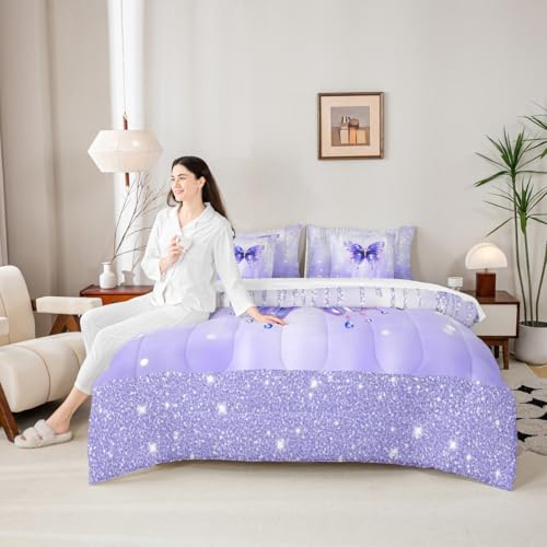 Image of Feelyou Butterfly Comforter Set Twin Size 7 Pieces Dreamy Princess Bedding Set for Kids Boys Girls Glitter Bed in a Bag with Comforter, Sheets, Pillowcases, Cushion Covers Watercolor Butterflies