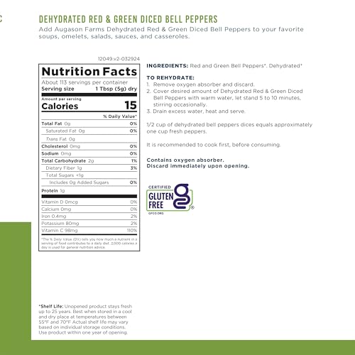 Augason Farms Dehydrated Red and Green Diced Bell Peppers Can, Emergency Food Supply, Everyday Meals, 113 Servings