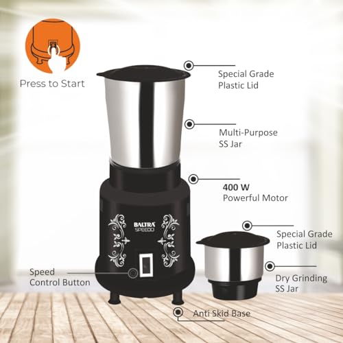 Image of Baltra Speedo Mixer Grinder for Kitchen - 2 Jars 400 Watt - Mixie with Mini Jar for Chutney | Adjustable Speed Control | 2 Stainless Steel Jar | Overload Protection | ISI Marked - 2 Years Warranty