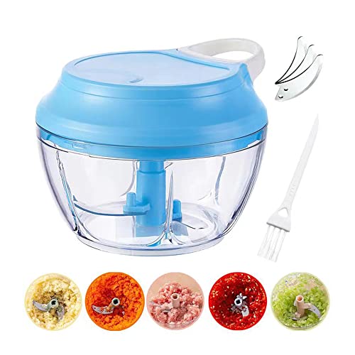 Yilyln 500ml Zwiebel Zerkleinerer Manuell Zwiebelschneider mit Seilzug Kleine Zwiebelhacker Mini Multizerkleinerer Küche Universalzerkleinerer für Gemüse, Obst, Zwiebeln, Nüsse, Knoblauch (Blau) Cover