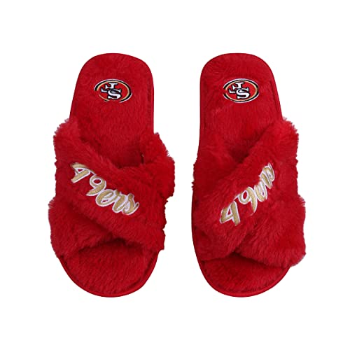Image of FOCO Womens NFL Team Script Wordmark Fuzzy Cross Slide Slippers