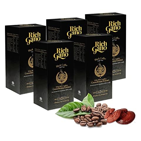 Rich Gano Reishi Mushroom Coffee – (5 Boxes of 30 Sachets) Black Coffee with Ganoderma Extract – All Natural Vegan Friendly Instant Coffee Packets – Zero Jitters Immune Support Ganoderma Coffee Cover