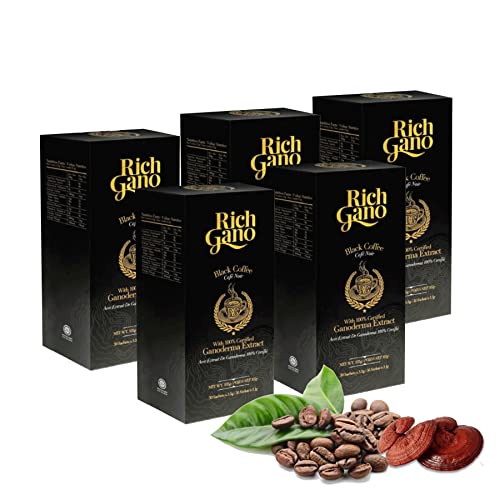 Rich Gano Reishi Mushroom Coffee – (5 Boxes of 30 Sachets) Black Coffee with Ganoderma Extract – All Natural Vegan Friendly Instant Coffee Packets – Zero Jitters Energize Ganoderma