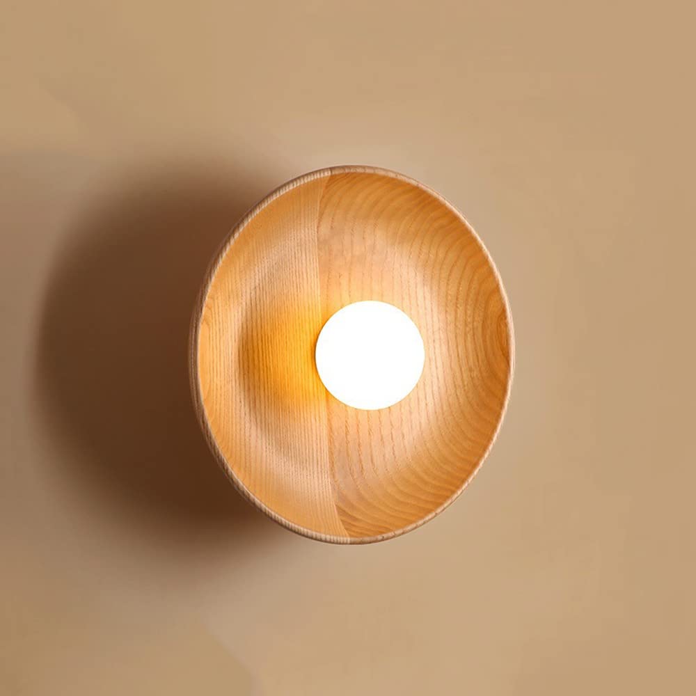 SXECAEPS Modern Wood Wall Light Round Sconce Glass Globe Lamp Shade, Home Decor Lighting Fixture G9 Headboard Fixtures for Living Room Bedroom Bedside Restaurant