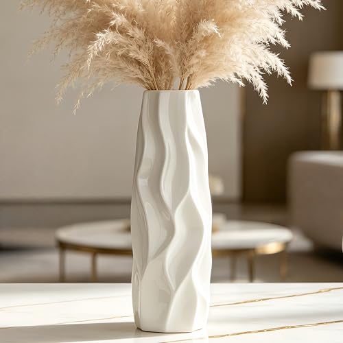 Image of DJYY 12 Inch White Ceramic Vase, Tall Decorative Flower Vase for Pampas Grass,Home Decor,Table Centerpieces，Modern Textured for Living Room