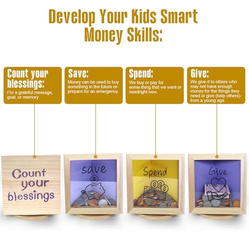 Mczxon Rotatable Give Save Spend Money Saving Box for Kids, Wooden Money Coin Saving Piggy Bank Jar Box for Kid Safe Money Saver Teach Children About Giving Saving Giving Money Piggy Box for Boy Girl