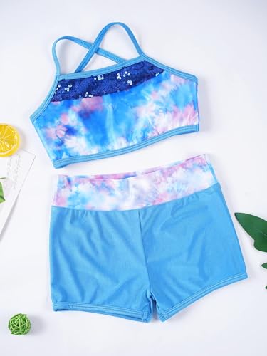 iiniim Kids Girls Two Piece Dance Sports Bra Crop Top with Shorts Gymmnastics Leotard Active Swimming Outfit Set Sea Sky Pink 4