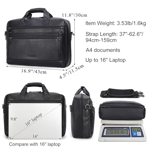 Image of Masa Kawa Men's Leather Briefcase for 16 inch Laptop Waterproof Crossbody Shoulder Messenger Bag Business Travel Work Computer Attache Case, Black