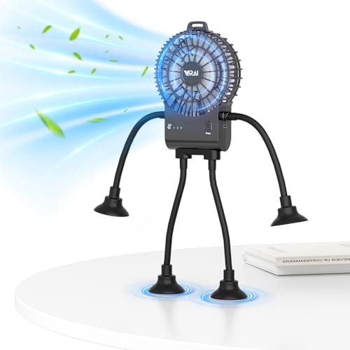 VARAI Freestyle Small Robot Fan, Fun Desk Fan with Suckers, Rechargeable Portable Fan and Phone Stand 2 in 1 for Office, Travel and Cars, Black