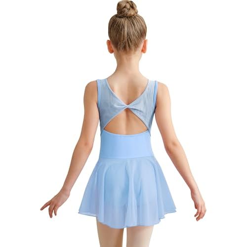 DANSHOW Girls Mesh Ballet Leotard Sleeveless Dance Dress, Crisscross Hollow Back, Full Front Lining Sleeveless 10-12 Years Blue