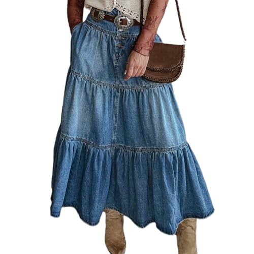 Conshvi Womens Retro Denim Skirt High Waist Frayed Hem Pleated A-Line Long Jean Skirts4