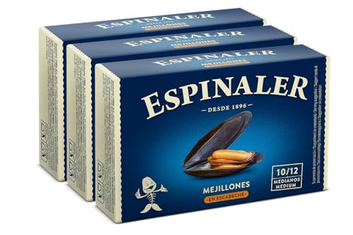 Mejillones en escabeche Espinaler - Pack de 3 latas de 10-12 piezas- Conservas Gourmet de mejillones en conserva para tu aperitivo