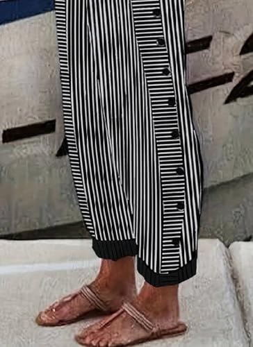 Women's Black and White Striped Wide Leg Pants with Side Buttons 2025 Spring Fashion for Casual and Everyday Wear Pants4