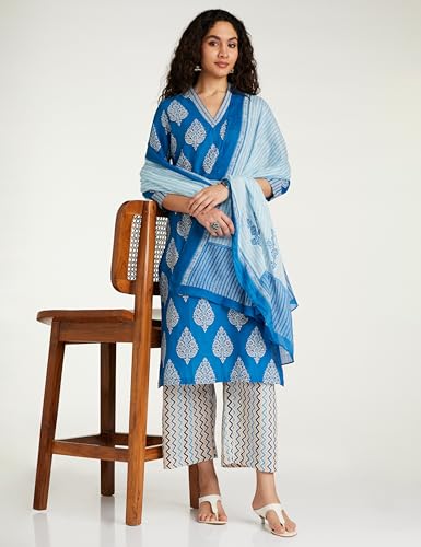 Image of BIBA Women Cotton Straight Printed Kurta Straight Palazzo Suit Set