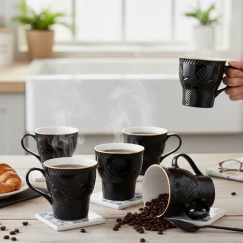 Image of Clay Craft Fine Ceramic Tea Cups Set of 6| 120 Ml Designer Cups with Elegant Texture & Gold Rim | Ideal for Tea Serving| Home| Guests & Gifting