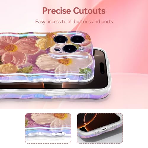 T Tersely for iPhone 16 Pro Max Case for Women Girl Oil Painting Flowers Laser Beam Glossy Pattern Waves Border Cover Silicone Shockproof Phone Case (Purple, iPhone 16 Pro Max)