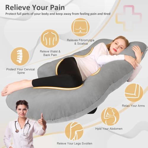 Image of Chilling Home Memory Foam Pregnancy Pillow, J Shape Pregnancy Pillows for Sleeping, Body Pillow for Adults, Maternity Pillow for Pregnant Women, with Velvet Removable Cover, Light Grey