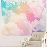 Batmerry Sun Cloud Pastel Tapestry, Pastel Rainbow Pink Blue Yellow White Colorful Picnic Mat Hippie