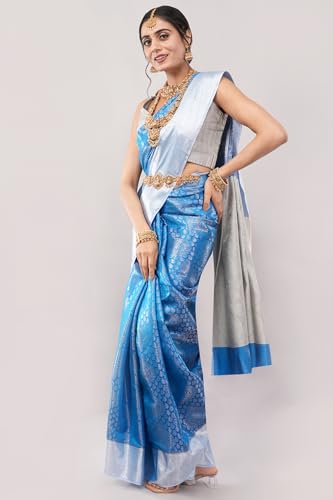 Image of Ambrarambh Cerulean Blue Silver Zari Woven Kanjivaram Silk Saree Brocade Pattern Traditional Ethnic Draping Wear