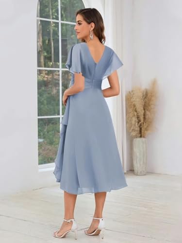 Tea Length Mother of The Bride Dresses for Wedding Formal V Neck Chiffon Cap Sleeve Ruffle Prom Cocktail Gown3