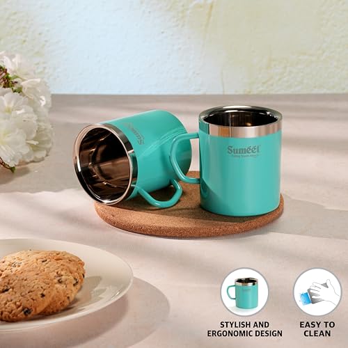 Image of Sumeet Stainless Steel Coloured Double Wall Tea /Milk /Coffee Mug Set of 2Pc - 300ml - Green