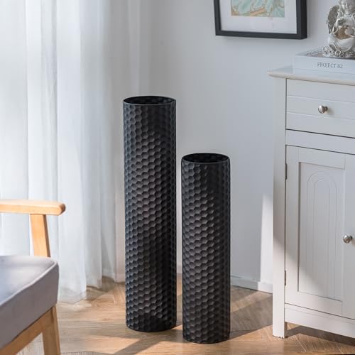 Sziqiqi Black Cylinder Tall Floor Vase: 27.6/21.7in Metal Extra Large Decorative Vase Set of 2 Living Room Modern Honeycomb Texture Big Standing Vase for Dining Bedroom Home Corner Indoor Office
