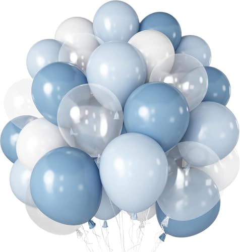 Image of Blue White Clear Balloon, 30pcs 12 Inch Dusty Blue Balloons Macaron Light Blue Matte White Transparent for Gender Reveal Bridal Baby Shower Birthday Party Decorations