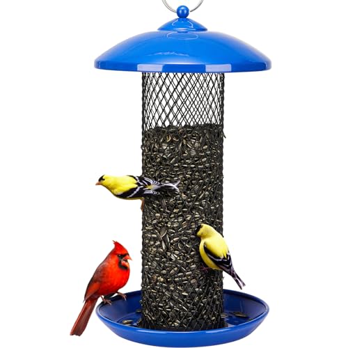 Kingsyard Mesh Tube Bird Feeders for Outdoors Hanging, All Metal, Wild Bird Feeder for Sunflower Seeds or Mealworm, Large Tray & Weatherproof Roof, 2.5 lbs Capacity (Blue)