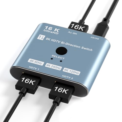 Image of 8K /16K Hdmi 2.1 Switcher 2 in 1 Out, Bidirectional Hdmi Splitter Support 4K@120HZ /240Hz 16K@30Hz /8K@60Hz DTS VRR HDR10+ Dolby, 48Gbps 2 Computers 1 Monitor Hdmi Switch for Switch PS5 Xbox Roku TV