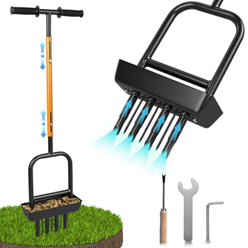 2-in-1 Manual Lawn Aerator Tool with Soil Core Storage Tray - 41.3" Heavy Duty Carbon Steel Garden Core Aerator Lawn Tool- Multifunctional Spike & Plug Aerator for Compacted Soil(Black + Orange)