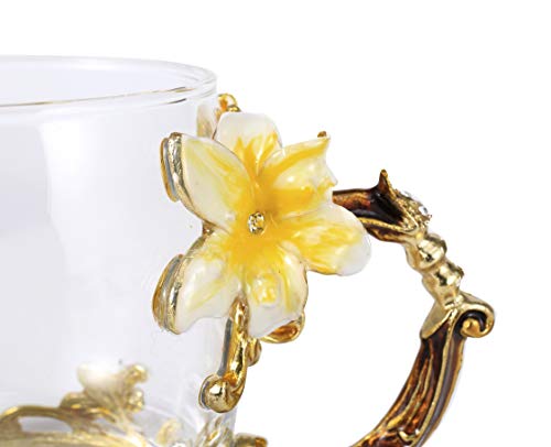 Guon-Wuvl Handicraft Crystal Glass 3D Flower Cups Tea Mug With Tea Spoon Women Coffee, Tea, Juice, Beer, Milk Hot And Cold Drinks Use Gift Package. (Lily, 11 OZ) - Thumbnail 3